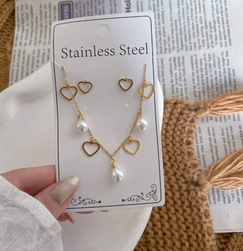 نیمست گردنبند وگوشواره دخترانه قلبی استیل مرواریدی شیک