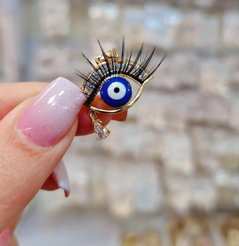 پلاک چشم نظر مژه دار استیل طرح طلا رنگ ثابت کیفیت عالی