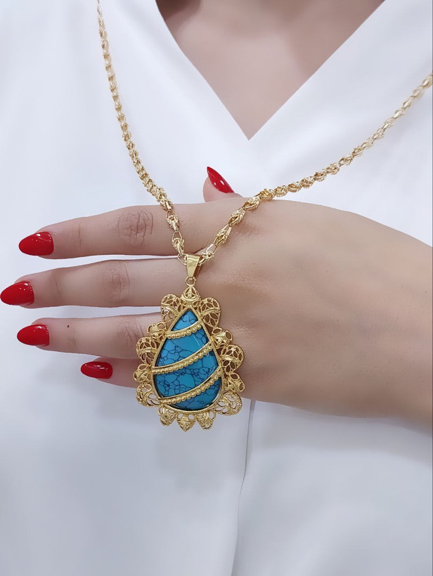 گردنبندسنگ فیروزه اشکی بازنجیر یزدی رنگ ثابت