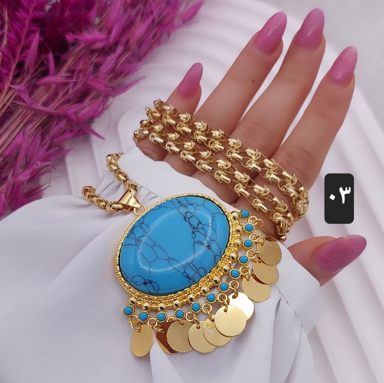 گردنبند محلی نگین فیروزه با آویز سکه
