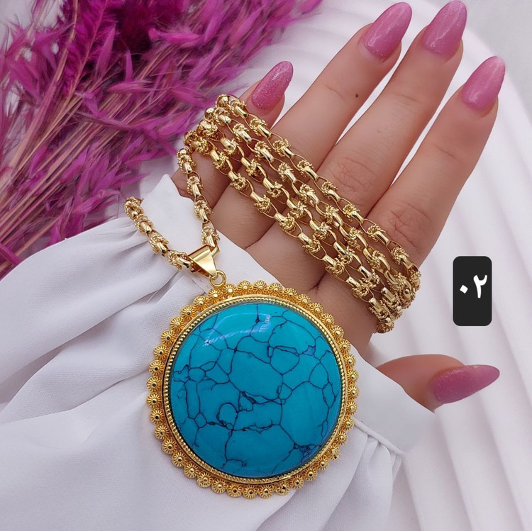 گردنبند سنگ فیروزه اصلی با زنجیر یک متری اراکی