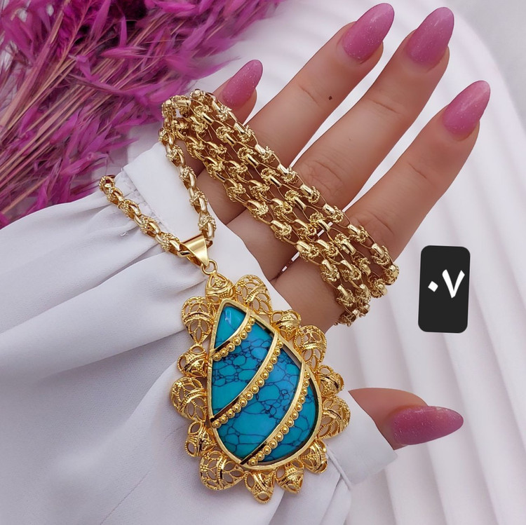 گردنبند سنگ فیروزه اشکی با زنجیر یک متری بیروتی وارداتی