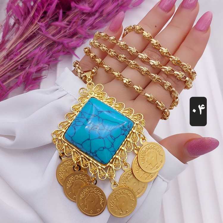 گردنبندبلند سنگی فیروزه ای آویزدار