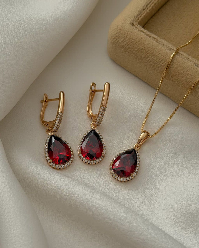 نیمست نگین قرمز یاقوتی طرح جواهری باآبکاری طلا۱۸ عیار،برندمعتبرژوپینگ