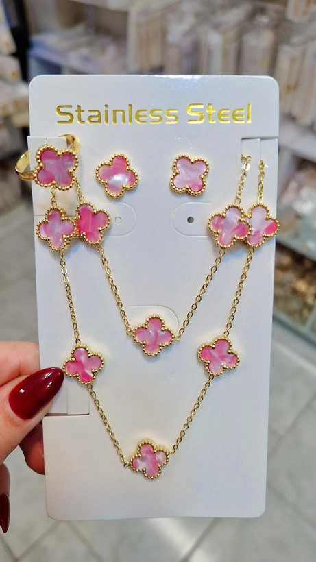 سرویس ونکلیف گل نگین صورتی زنانه رنگ ثابت آبکاری طلا کیفیت عالی