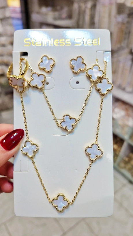 سرویس ونکلیف گل نگین سفید زنانه رنگ ثابت آبکاری طلا کیفیت عالی