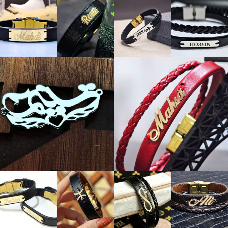 دستبندچرم با حکاکی اسم قفل دستبند استیل درجه یک