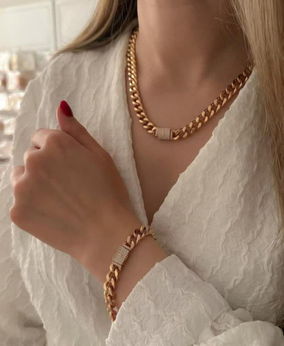 نیمست کارتیه رنگ ثابت گردنبنددستبند قفل کوبایی طرح خاص طلا،مردانه زنانه ژوپینگ