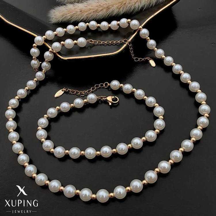 ست گردنبندودستبند مرواریدی لوکس طرح طلا ژوپینگ رنگ ثابت آبکاری طلا۱۸