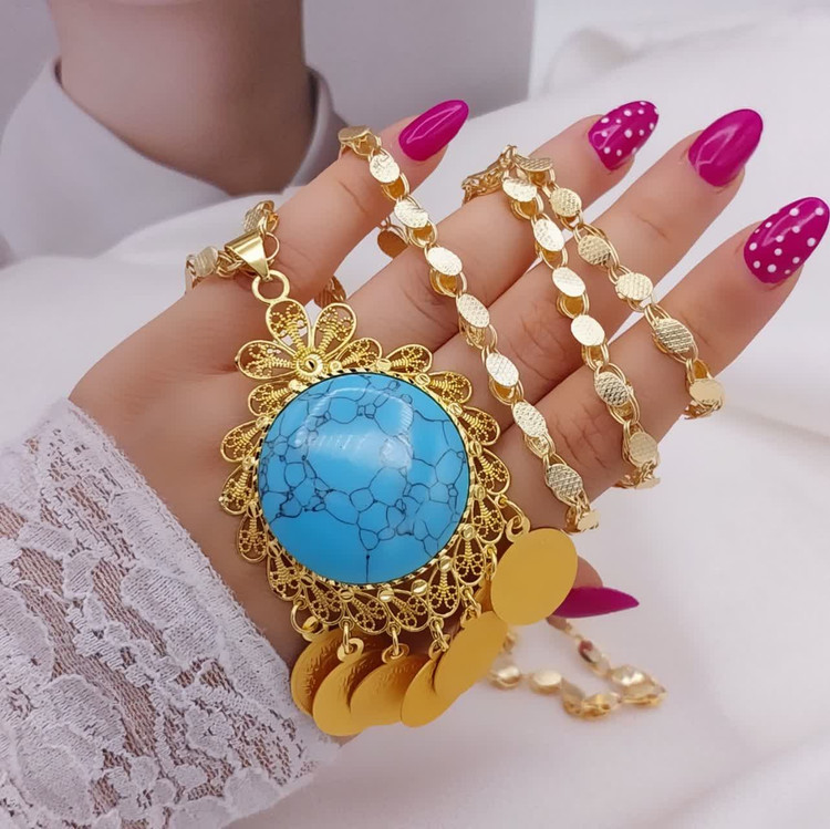 گردنبندنگین فیروزه اصلی گرد آویزدارسکه ای طرح جدید طلابازنجیریک متری