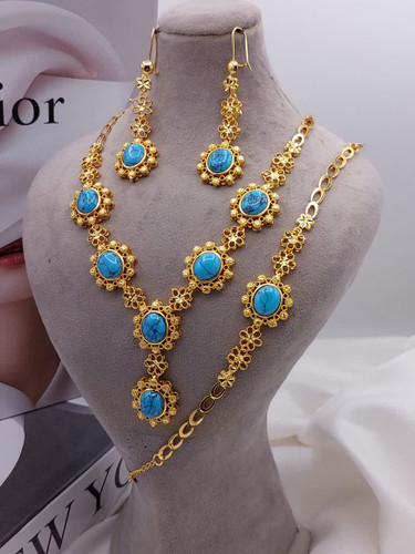 سرویس سنگی نگین فیروزه جدیدطرح طلا رنگثابت آبکاری قوی طلا وارداتی