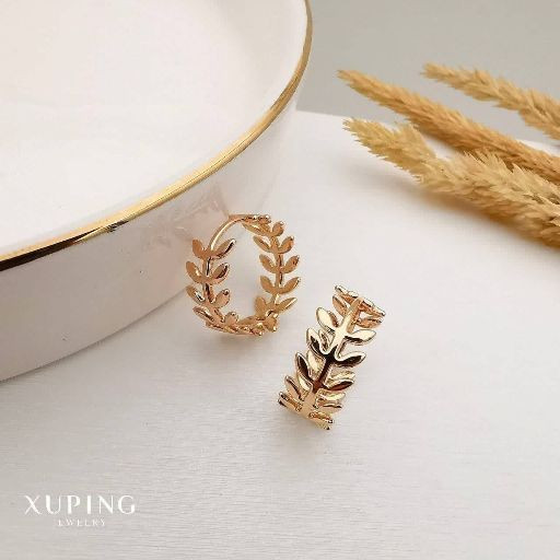 گوشواره حلقه ای کوچک برگی جدیدژوپینگ طرح طلا رنگثابت آبکاری طلا۱۸عیار
