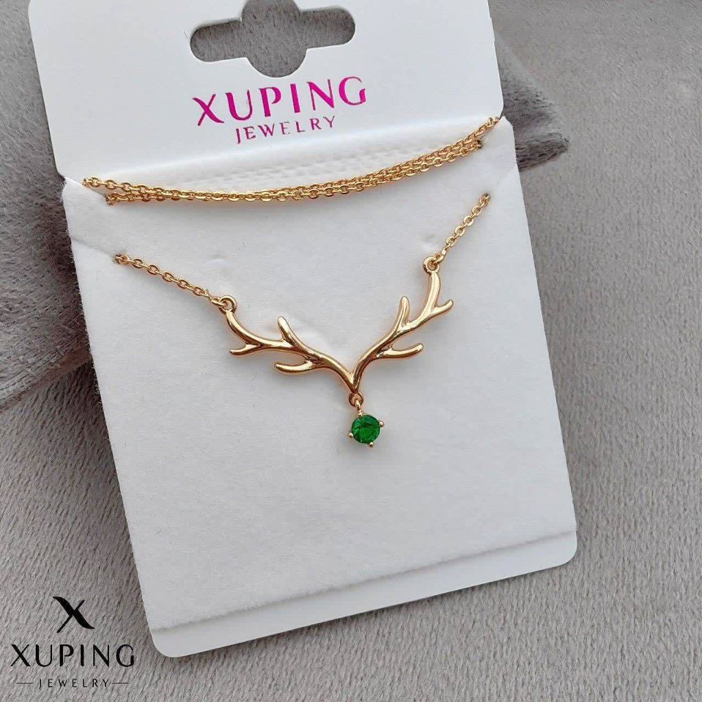 گردنبند شاخ گوزن نگین سبز جدیدطرح طلا ژوپینگ رنگ‌ثابت آبکاری طلا۱۸عیار
