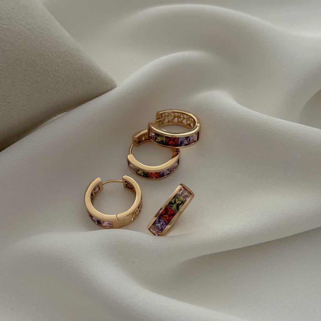 گوشواره جواهری حلقه ای نگین رنگی جدیدطرح طلا ژوپینگ رنگ‌ثابت تضمینی آبکاری طلا۱۸عیار نگین مخراجکاری