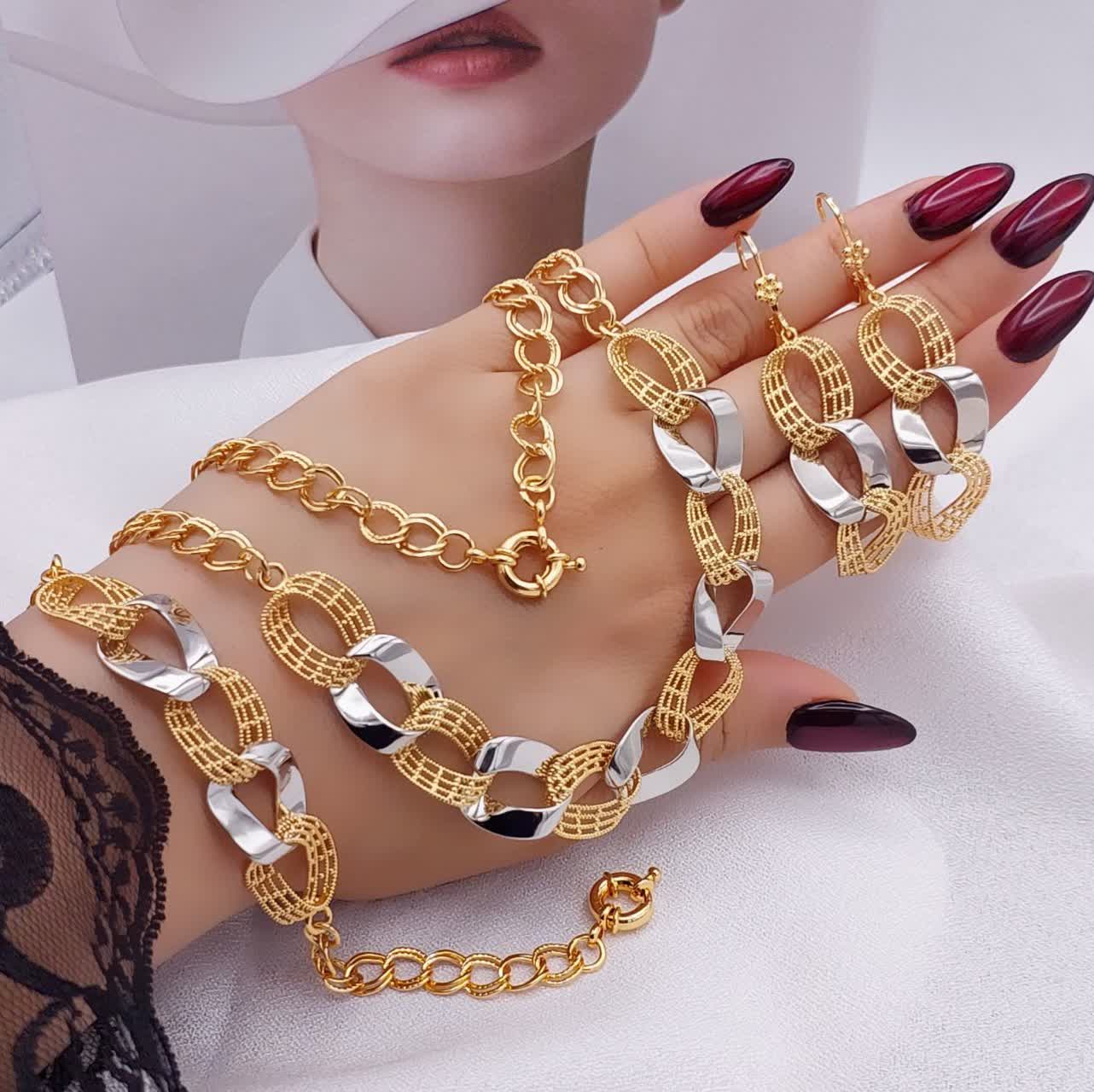 سرویس دورنگ طلایی نقره ای حلقه ای ریتون طرح طلارنگ ثابت آبکاری طلا۱۸