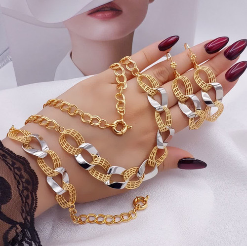 سرویس دورنگ طلایی نقره ای حلقه ای ریتون طرح طلارنگ ثابت آبکاری طلا۱۸