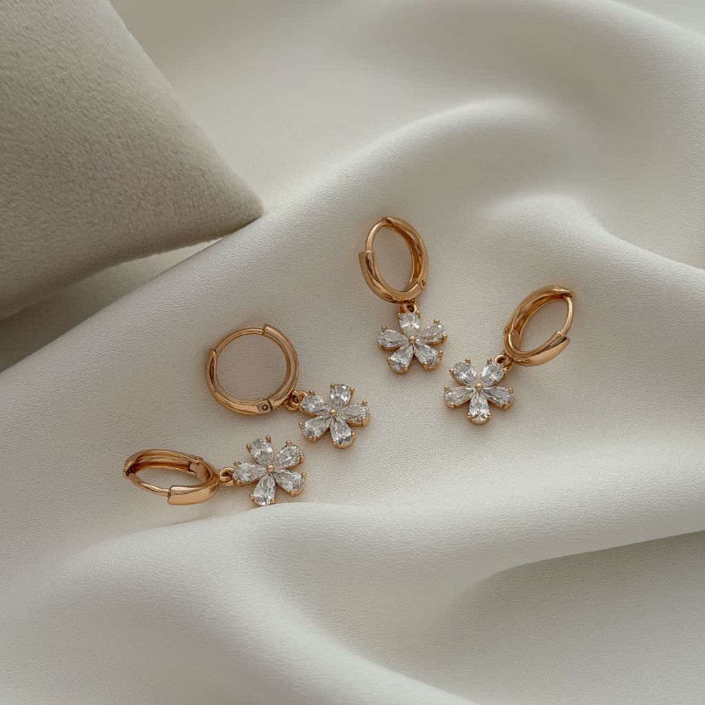 گوشواره گل حلقه ای نگیندار کوچک طرح طلا ژوپینگ رنگ‌ثابت آبکاری طلا۱۸عیار